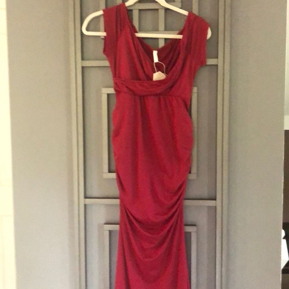 NWT PINKBLUSH Red maternity dress ruched side, long poly spandex size S